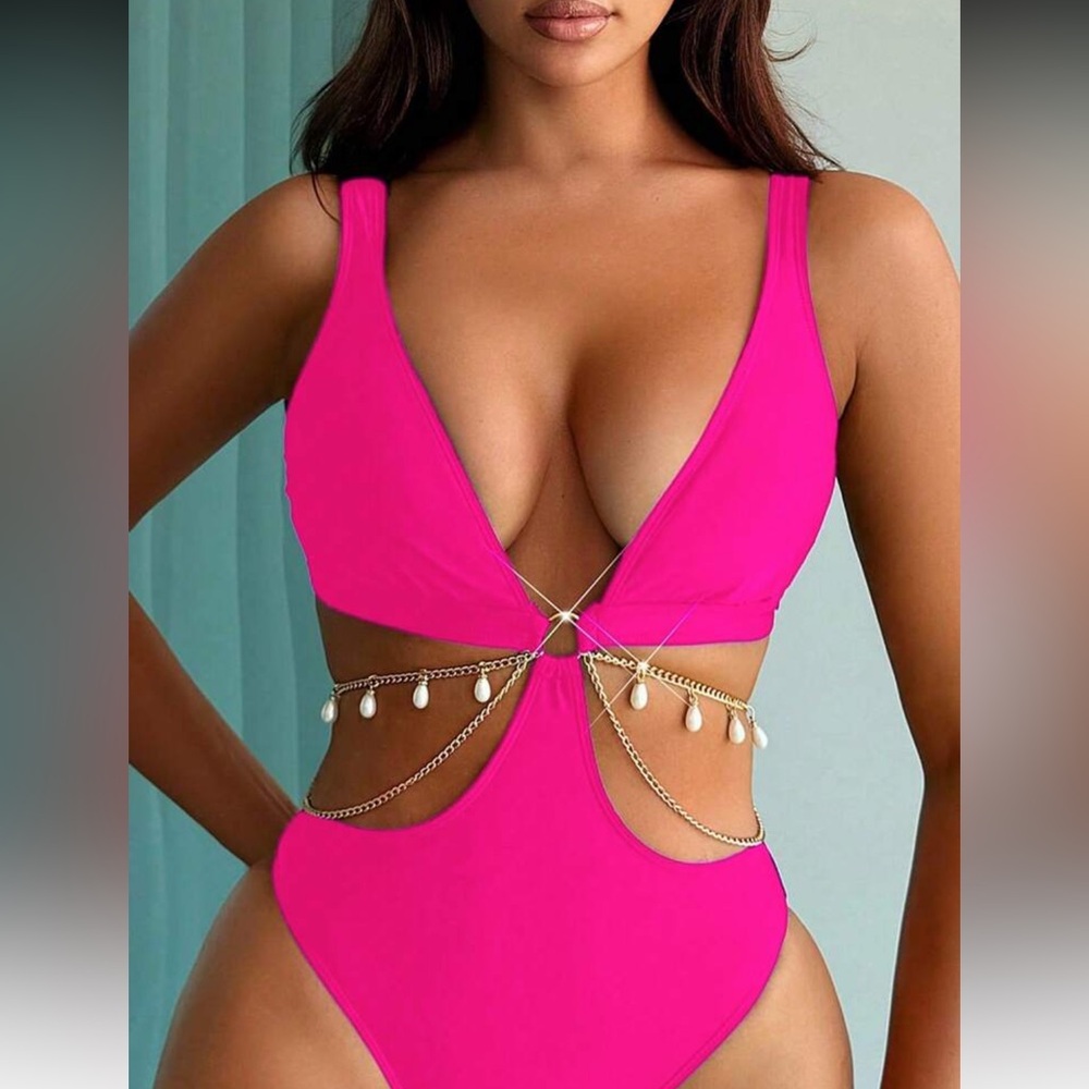 Vibrant Pink Cutout Swimsuit with Pearl Accents - XL (never worn)